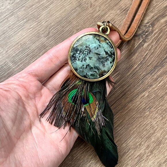 Vintage Leatherock Stone and Peacock Feather Leather Bohemian Statement Necklace - Picture 9 of 12
